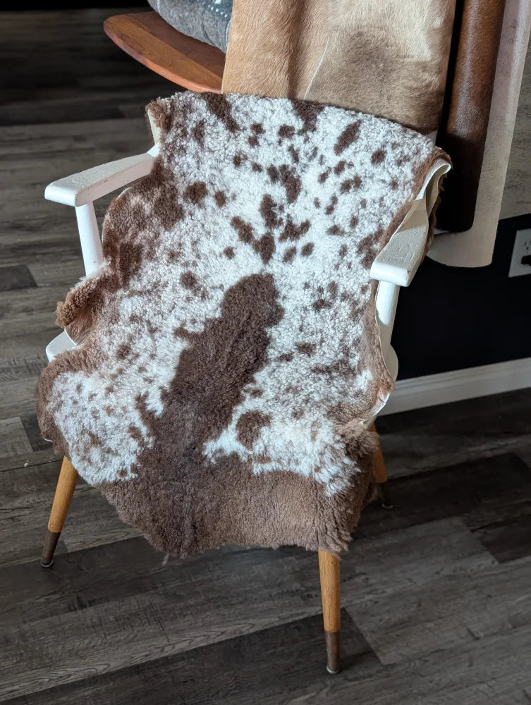 A plush brown and white tibet highland spotted sheepskin rug draped over a white wooden chair with light wood legs