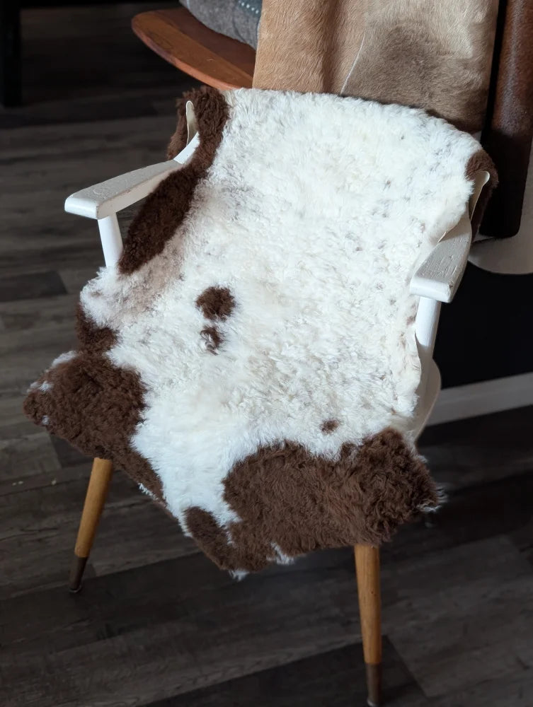 A plush white and brown tibet highland spotted sheepskin rug draped over a white wooden chair with fluffy texture