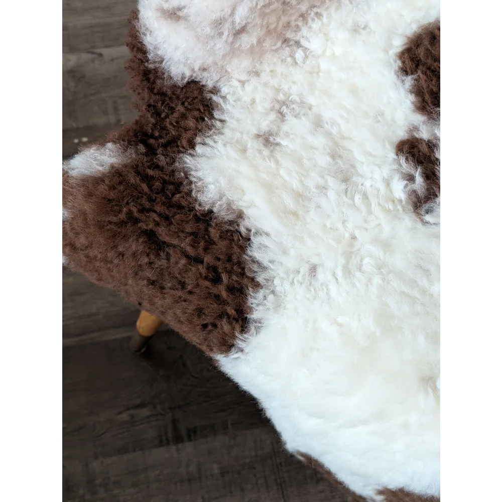 Plush curly white and brown highland spotted sheepskin rug 39 x 25 made from grade a tibet highland spotted wool