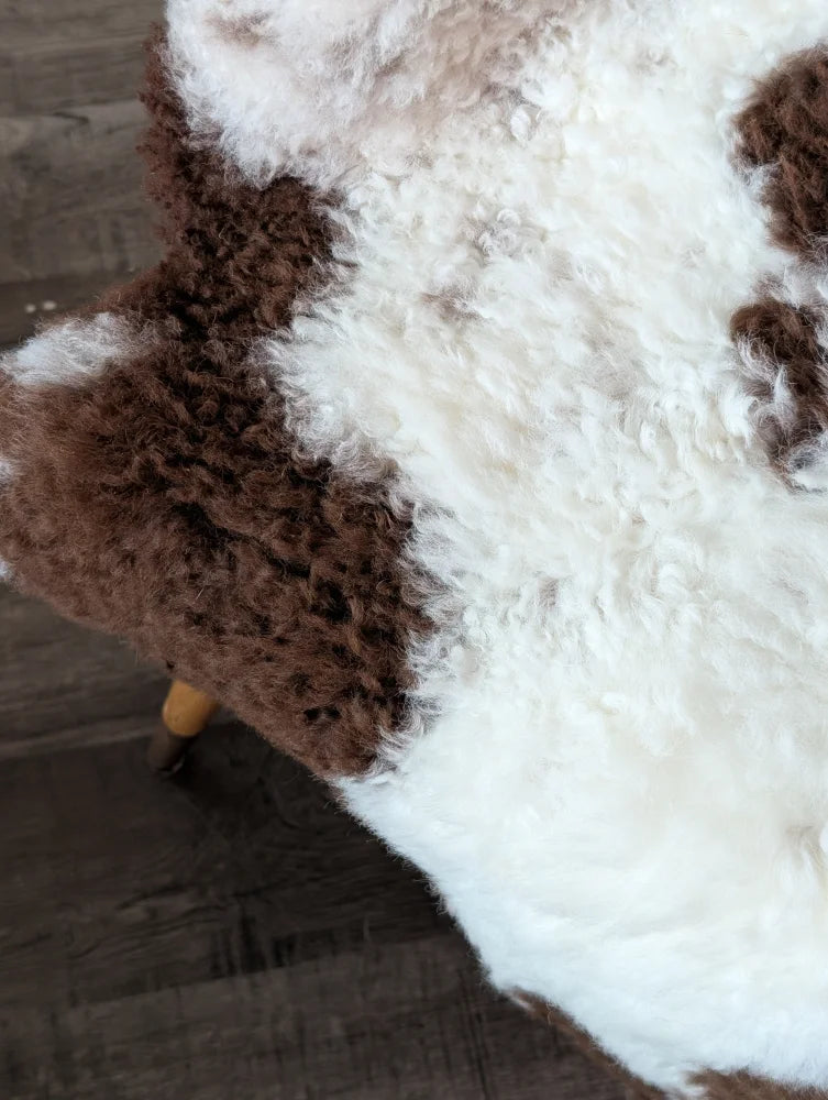 Plush curly white and brown highland spotted sheepskin rug 39 x 25 made from grade a tibet highland spotted wool
