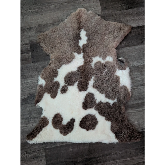 Brown and white tibet highland spotted sheepskin rug with fluffy natural texture measuring 40 by 25 inches