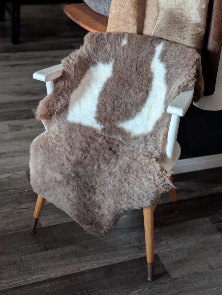 A soft natural brown and white tibet highland spotted sheepskin rug draped over the back of a wooden chair