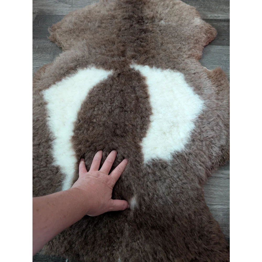 Brown and white fluffy tibet highland spotted sheepskin rug with natural texture 42 x 25.5 inches grade a