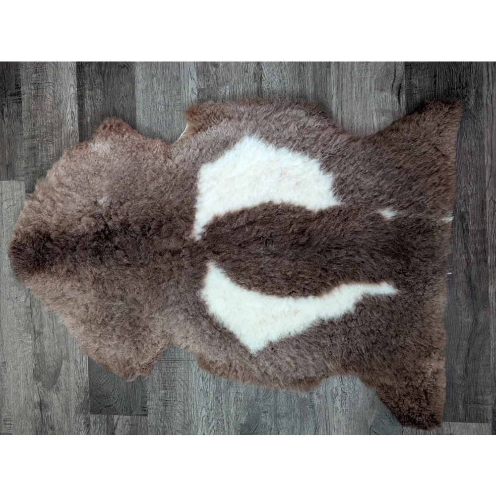 Brown and white tibet highland spotted sheepskin rug with natural fluffy texture 42 by 25.5 inches grade a quality