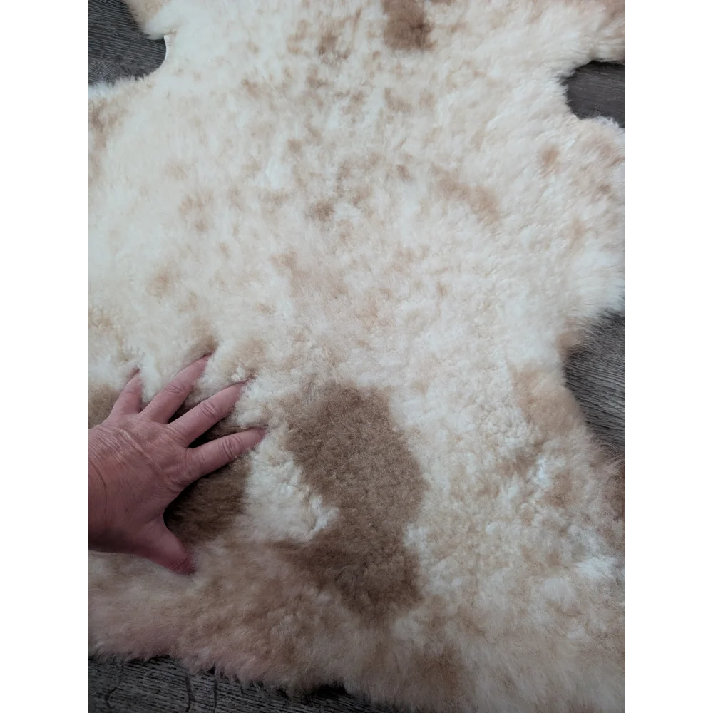 A 40 x 25 cream and tan tibet highland spotted sheepskin rug with fluffy texture and grade a quality