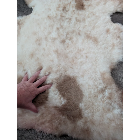 A 40 x 25 cream and tan tibet highland spotted sheepskin rug with fluffy texture and grade a quality