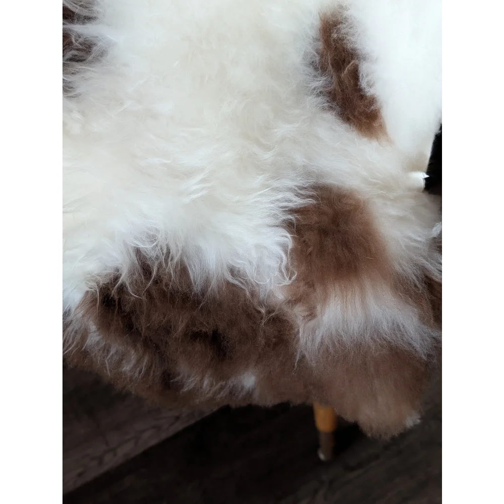 A plush white and brown tibet highland spotted sheepskin rug 43.5 x 28 inches with soft fluffy texture grade a