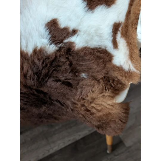 Brown and white cow print faux fur throw blanket made from grade a tibet highland spotted sheepskin measuring 42 x 25 inches