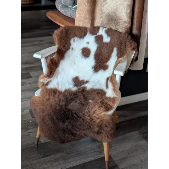 Brown and white tibet highland spotted sheepskin fur throw draped over a white wooden chair for cozy decor