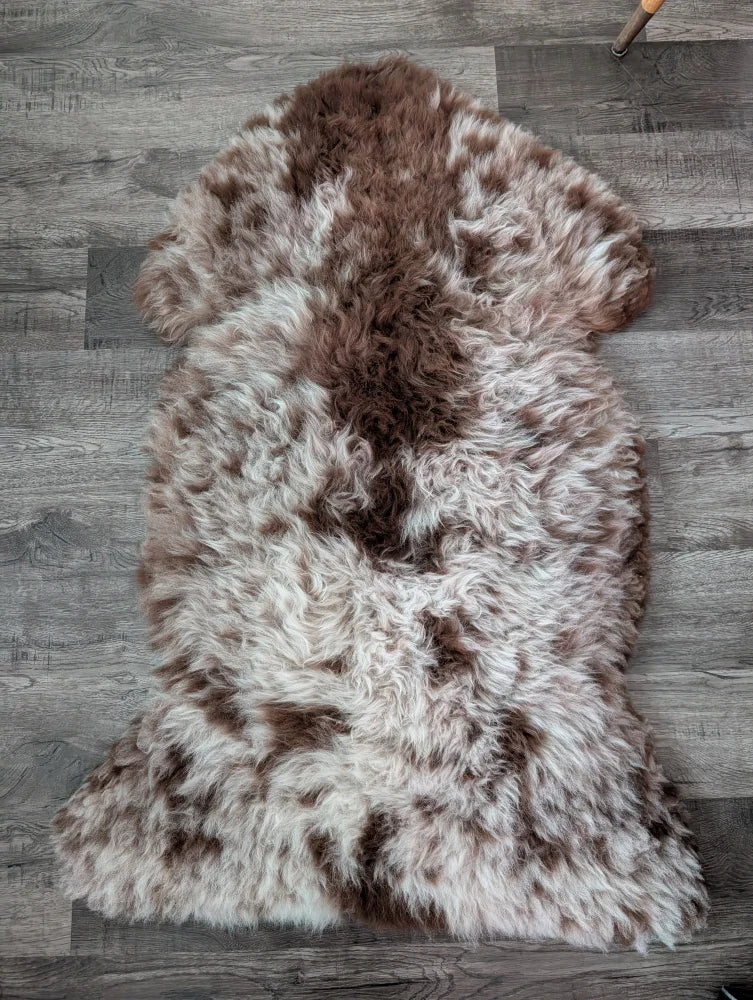 A gorgeous tibet highland spotted sheepskin rug with creamy white and rich brown fur, 47 by 25 inches