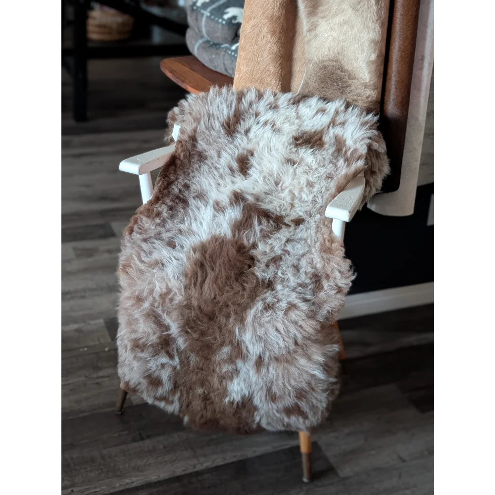 Fluffy brown and white tibet highland spotted sheepskin throw draped over wooden chair for cozy comfort