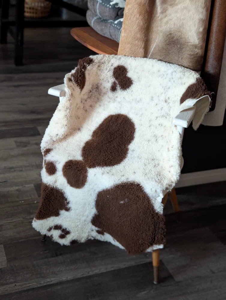 A plush white and brown highland spotted sheepskin blanket draped over a chair tibet highland spotted grade a