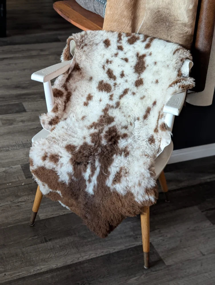 A plush white and brown tibet highland spotted sheepskin rug draped over a vintage wooden chair with fluffy texture