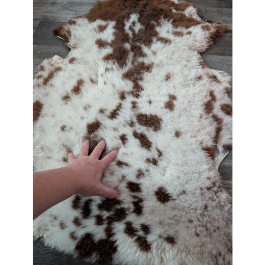 A plush white and brown tibet highland spotted sheepskin rug with soft fluffy texture measuring 42.5 by 26 inches