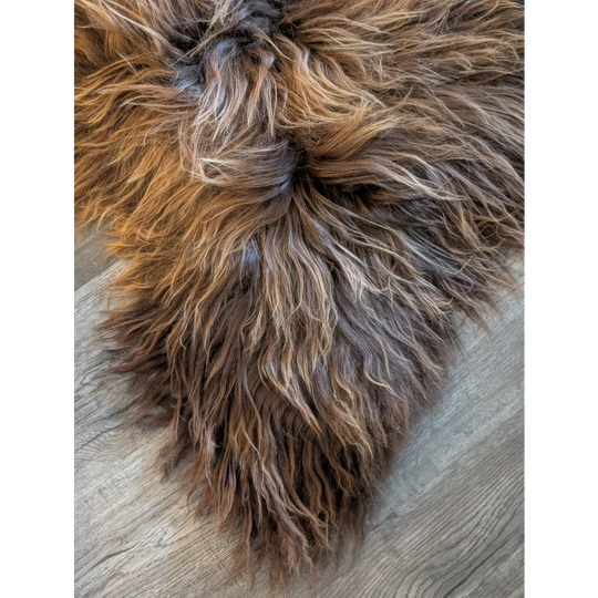 A plush massive 64 x 35 inch icelandic sheepskin rug with long wool icelandic fur in natural bronze tones