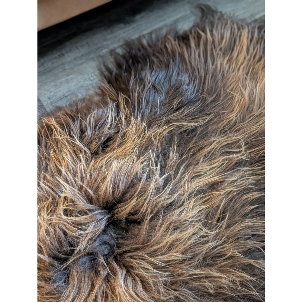 A plush icelandic sheepskin rug with long wool icelandic strands in dark brown and natural bronze colors