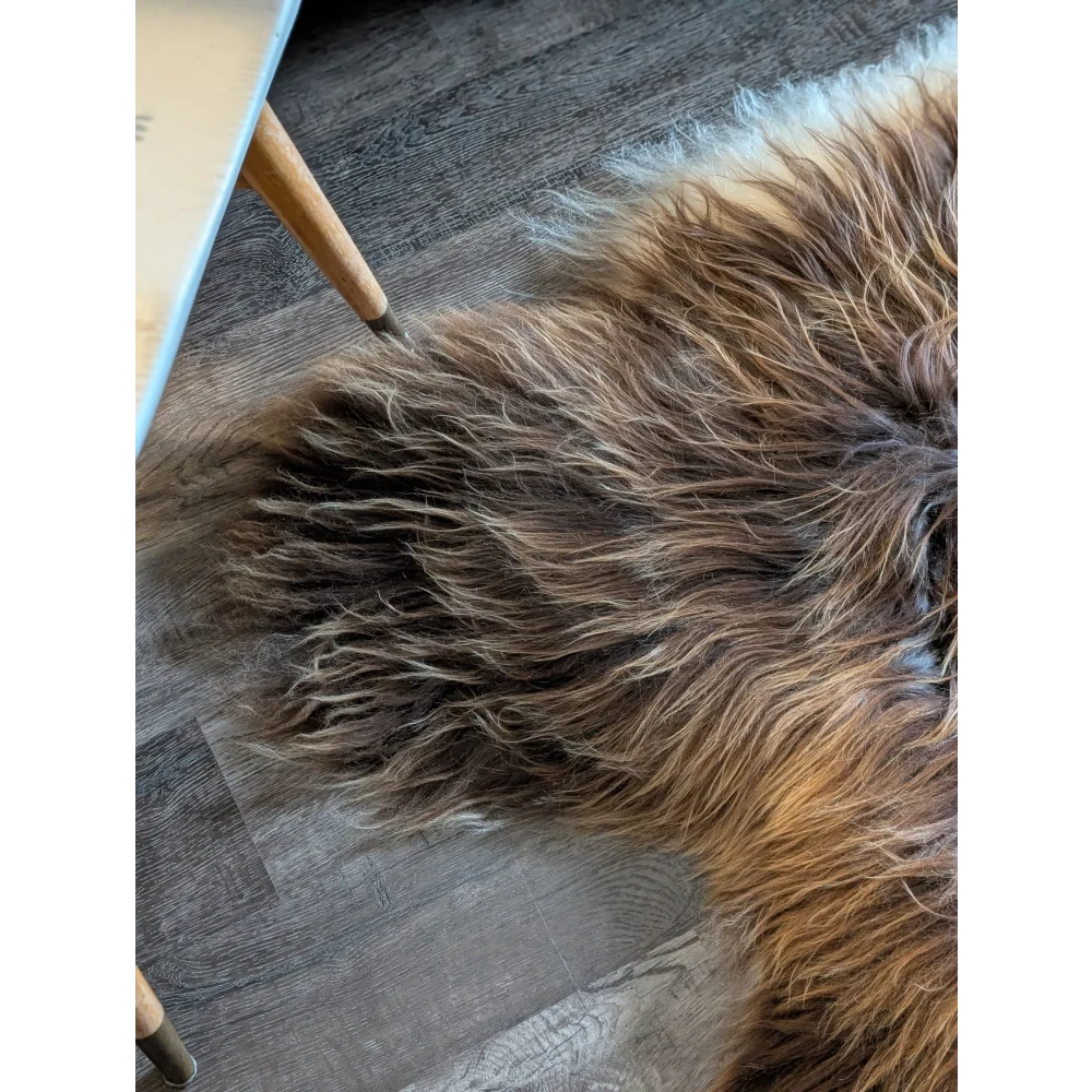 A plush long wool icelandic sheepskin rug in natural bronze tones measuring 59 by 38 inches on the floor