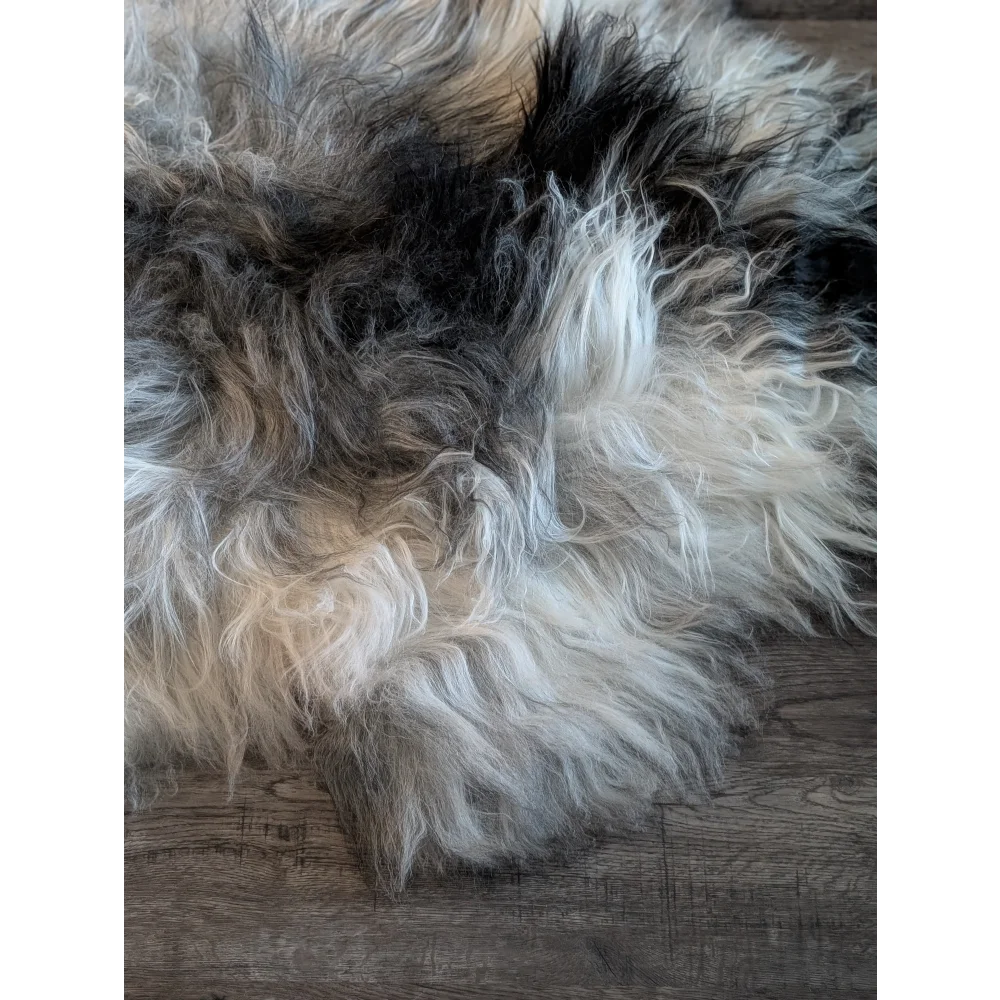 A massive 58 by 37 inch icelandic sheepskin rug with long wool icelandic natural grey white gray and black fur