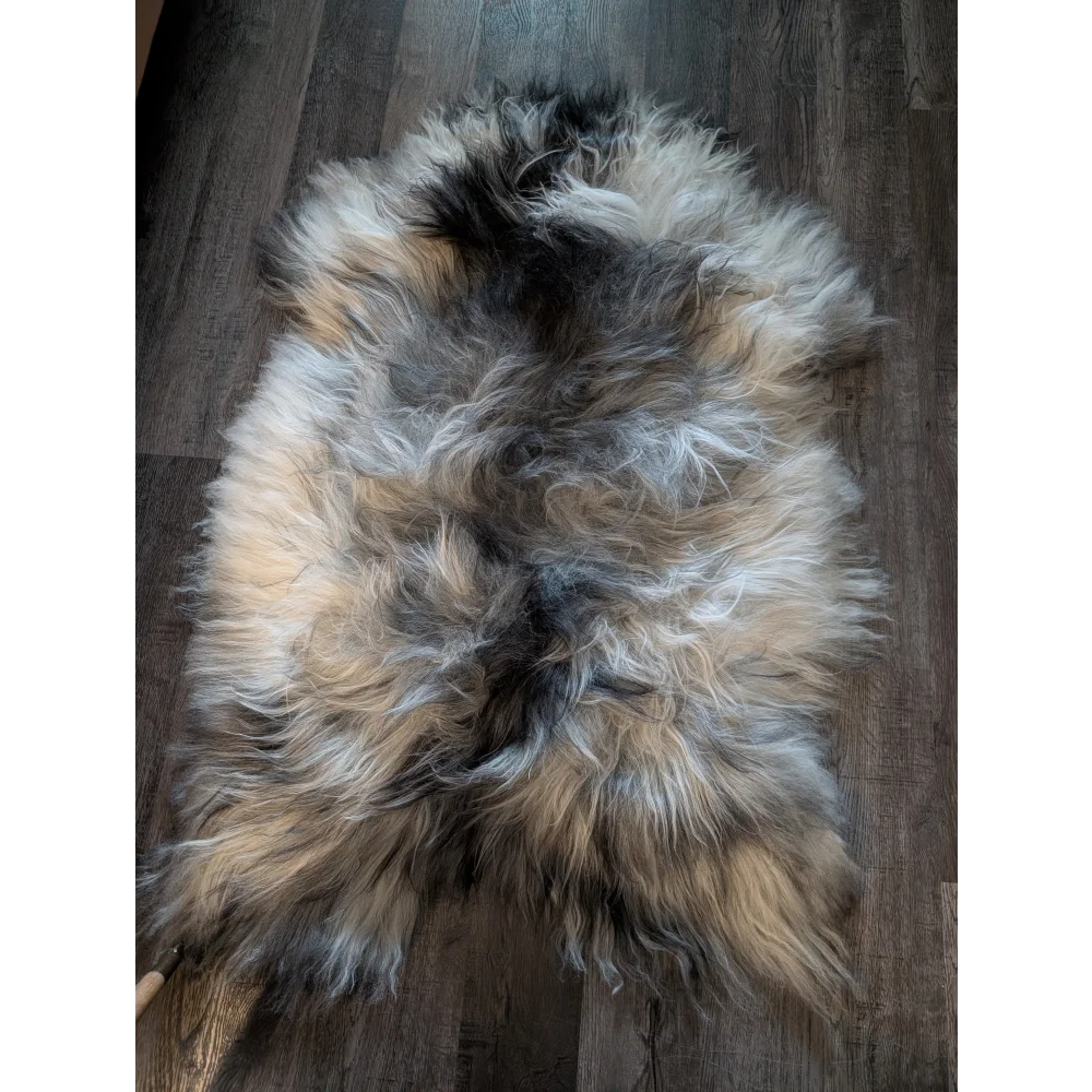 A plush naturally colored icelandic sheepskin rug with cream gray and black long wool icelandic fur measuring 58 x 37 inches