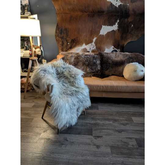 A plush light gray massive icelandic sheepskin throw with long wool icelandic texture draped over a wooden chair