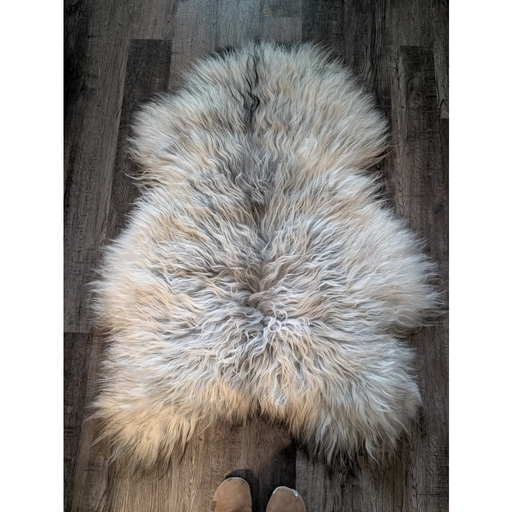 A fluffy natural grey icelandic sheepskin rug with long wool icelandic texture measuring 55 by 35 inches