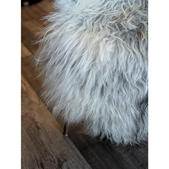 A plush long wool icelandic sheepskin throw blanket in natural grey with soft texture measuring 55 by 35 inches
