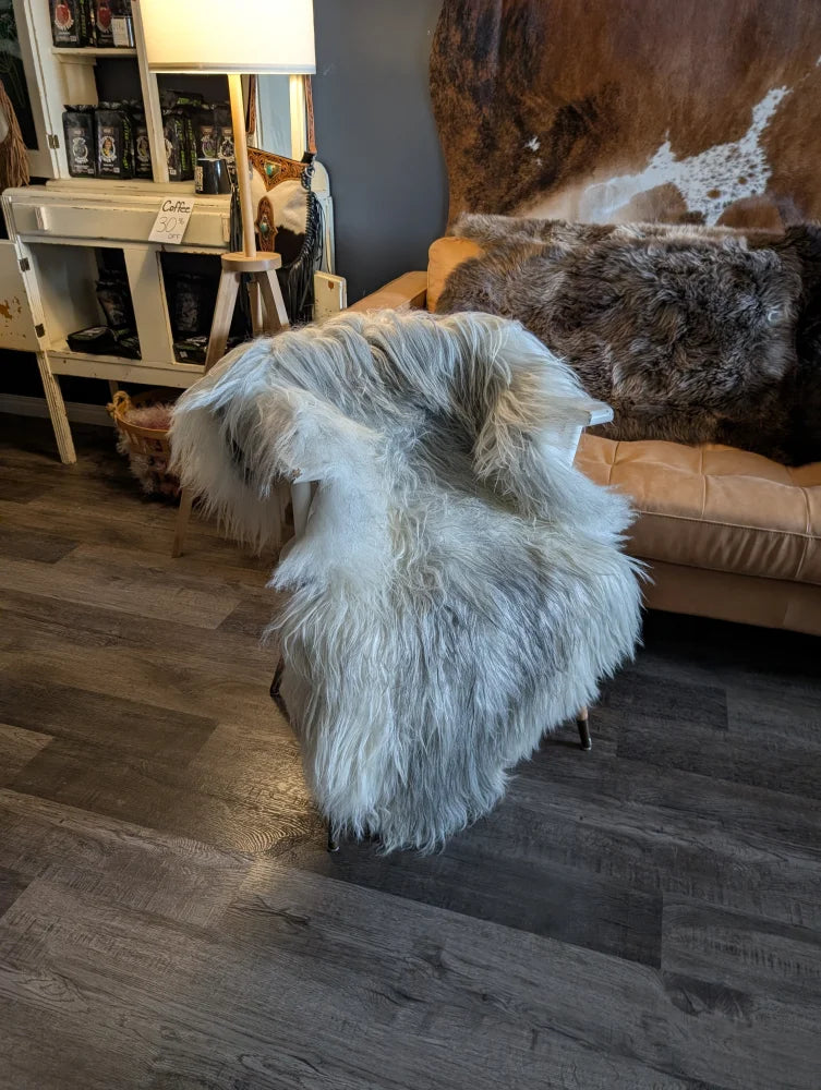 A plush white wool icelandic sheepskin throw draped over a chair perfect for cozy home decor