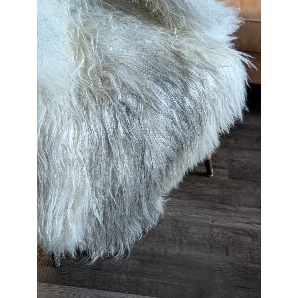 A plush long-haired wool icelandic sheepskin throw in natural grey draped over a chair for cozy use