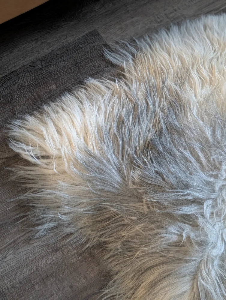 A soft double icelandic sheepskin rug in natural grey with cream and gray tones measuring 57 by 35 inches