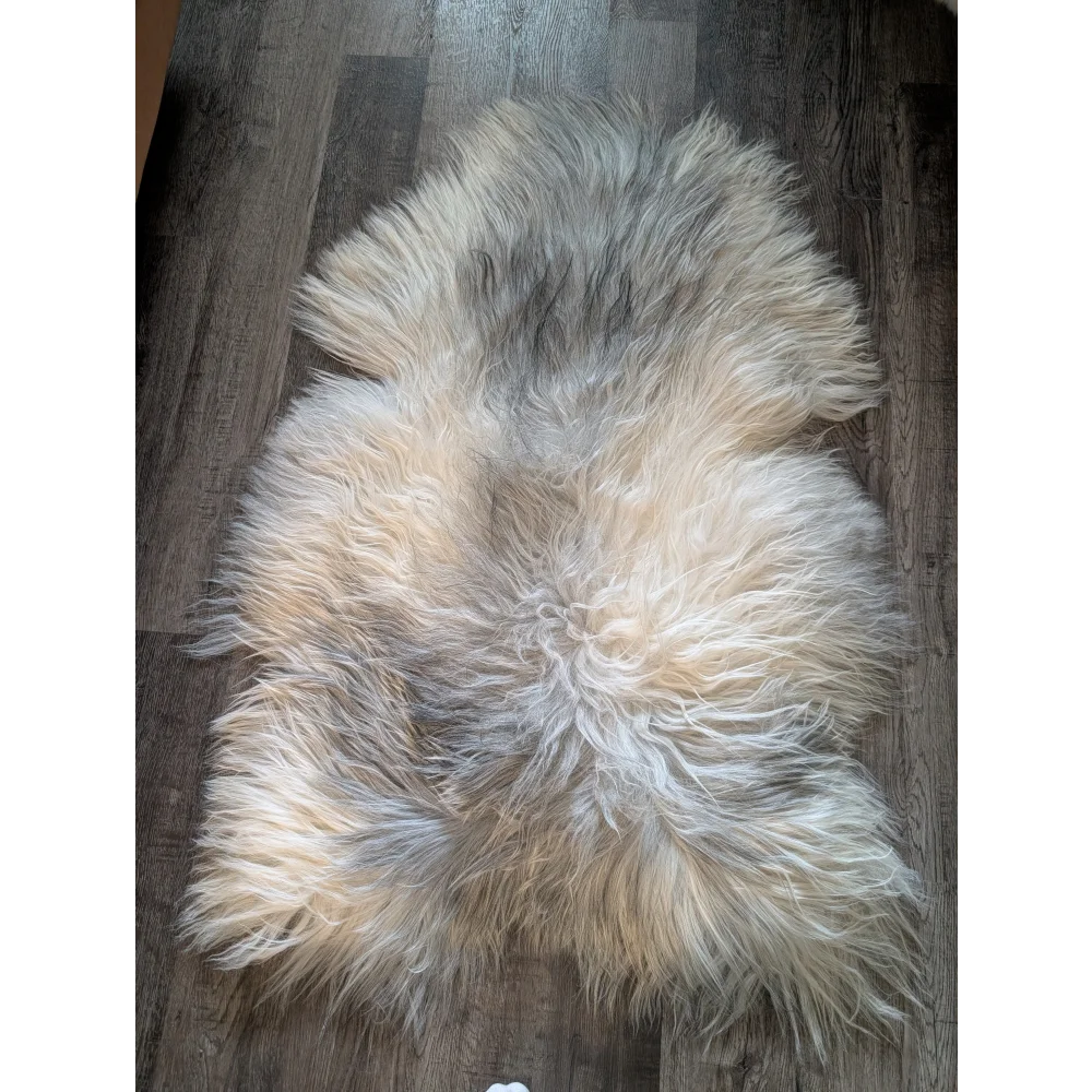 A massive 57 x 35 inch icelandic sheepskin rug with soft wool icelandic fur in creamy white and natural grey tones