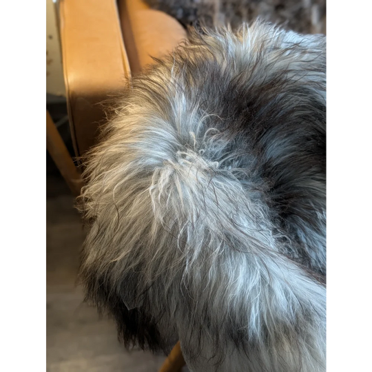 A plush gray and white double icelandic sheepskin throw with shaggy wool perfect for cozy home decor