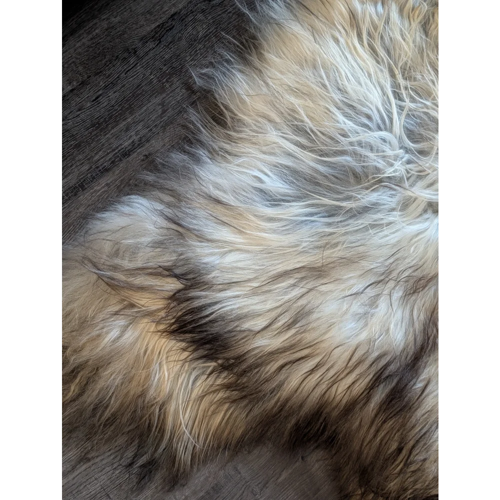 A plush 57 x 37 inch massive icelandic sheepskin rug with natural cream tan and dark brown wool icelandic strands