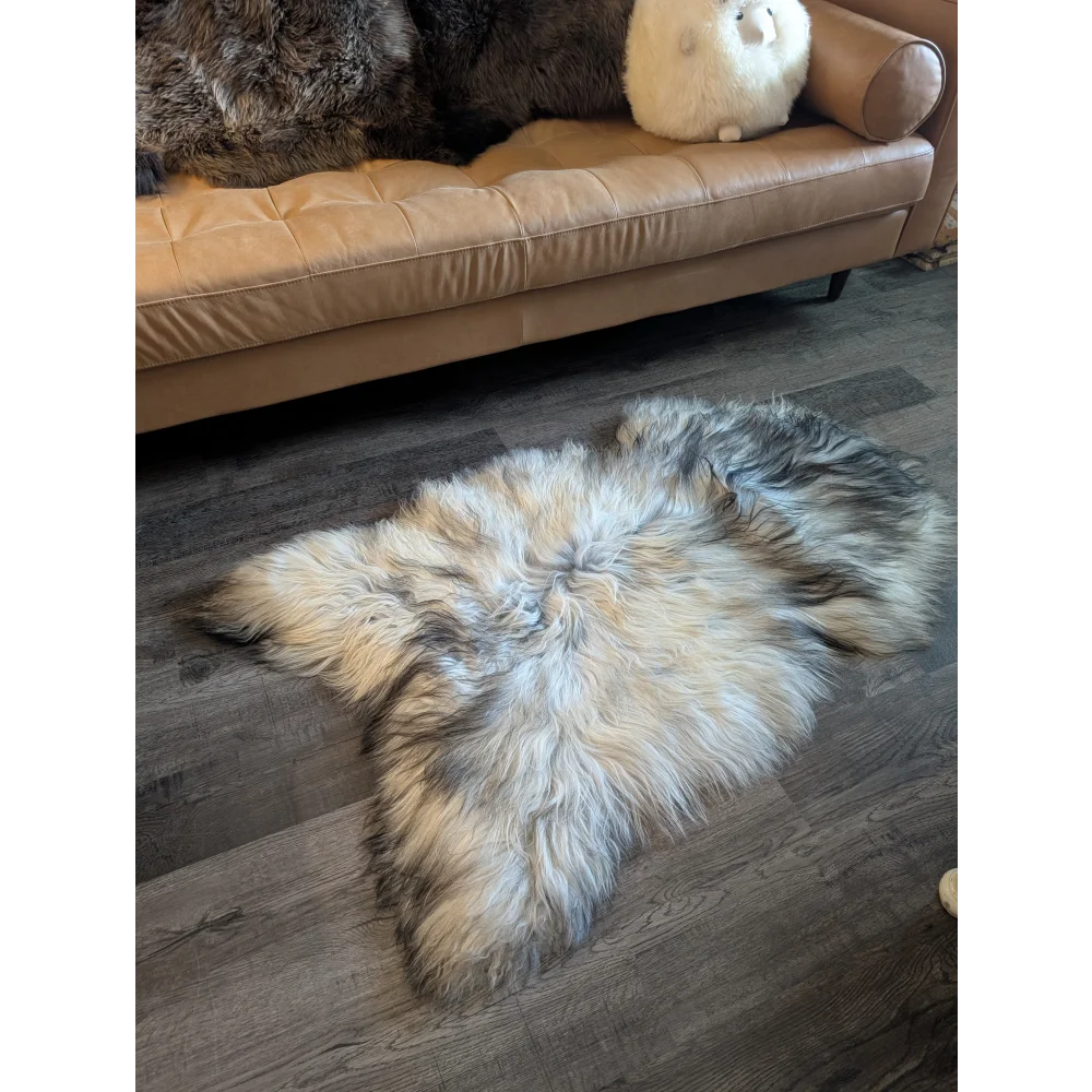 A massive 58 x 32 inch double icelandic sheepskin rug in natural grey with cream gray and black wool icelandic fur