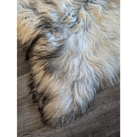 A plush massive icelandic sheepskin rug in natural grey with a soft blend of cream gray and black wool icelandic fur