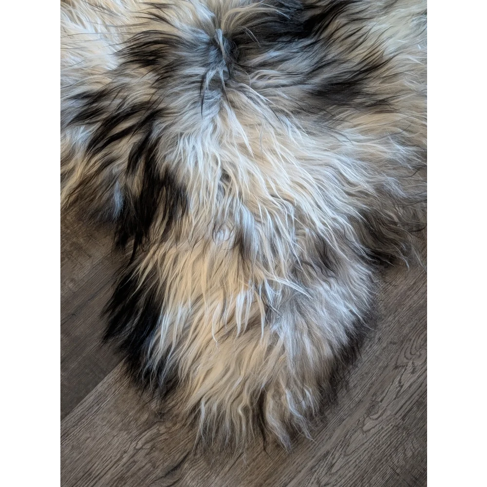 A plush double icelandic sheepskin rug 56 x 36 with natural grey cream and black wool icelandic fur texture