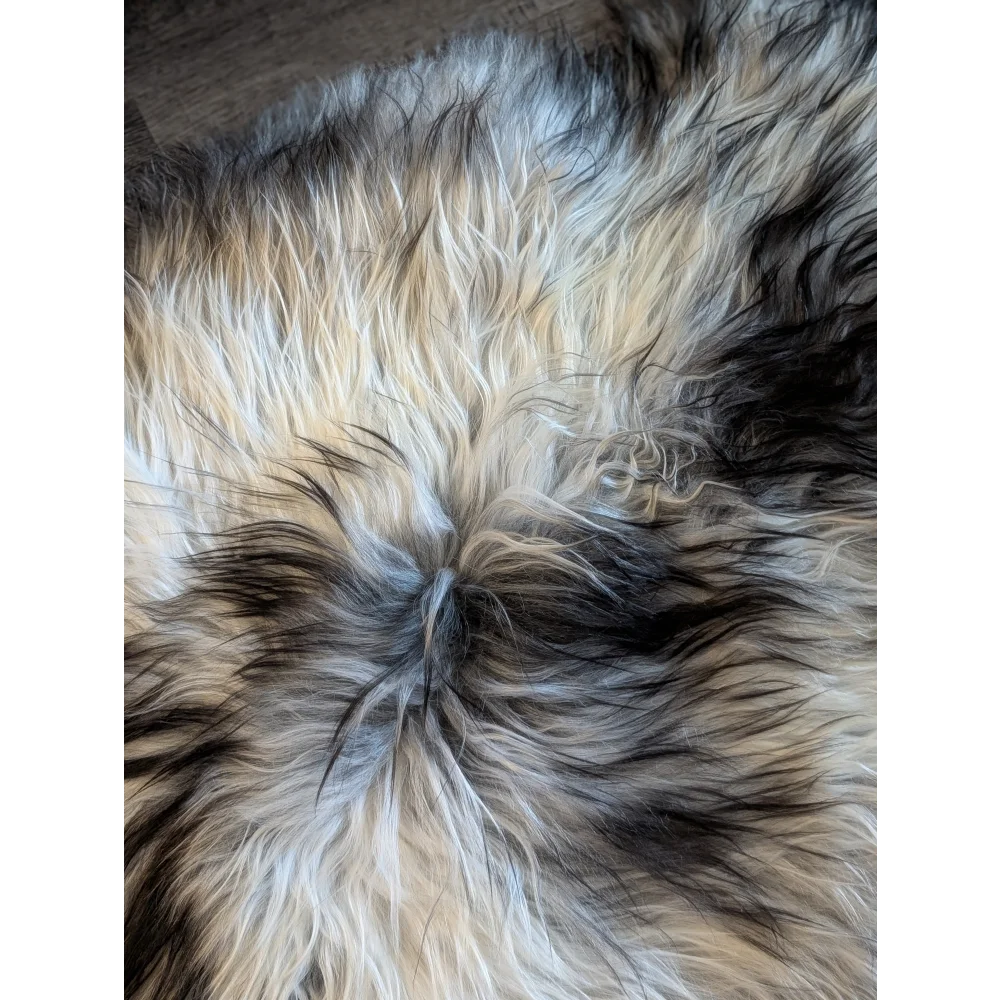 A plush icelandic sheepskin rug in natural grey with cream black and gray wool icelandic double fleece texture