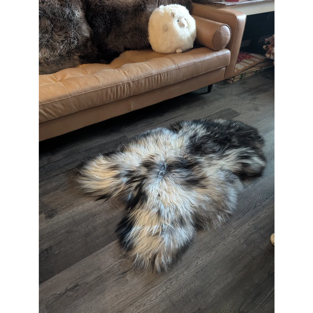 A plush double icelandic sheepskin rug in natural grey with black gray and cream wool icelandic fur on the floor