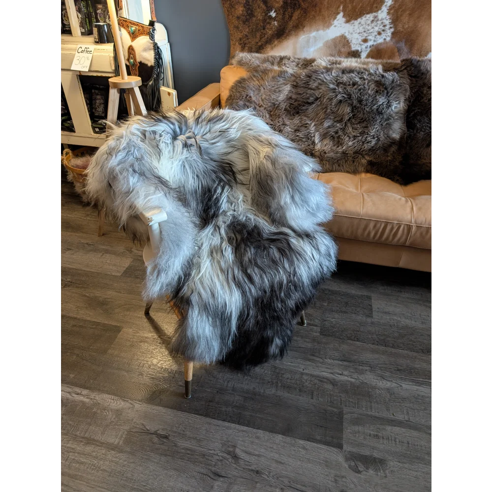 Plush 56 x 36 natural grey icelandic sheepskin rug with soft wool icelandic double fur texture