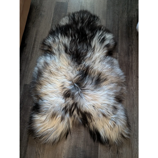 A plush, naturally colored double icelandic sheepskin rug in black, gray, and cream wool icelandic fur, 56 by 36 inches