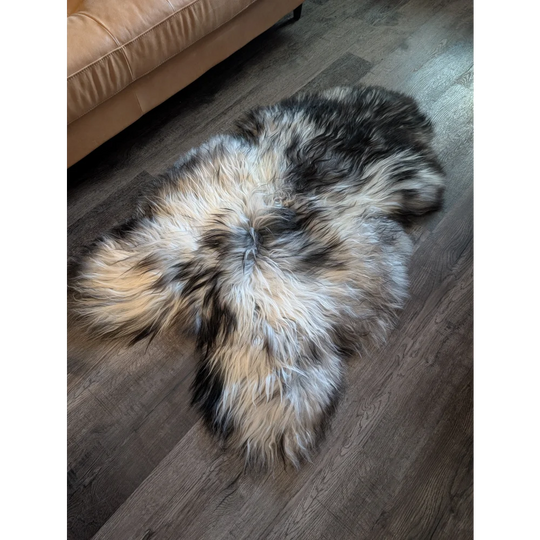A massive 56 x 36 icelandic sheepskin rug in natural grey with double icelandic wool on dark wood floor