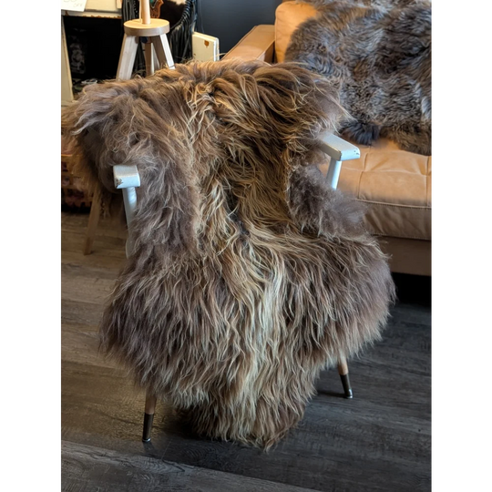 A thick shaggy long wool icelandic sheepskin rug in natural bronze draped over a white wooden chair