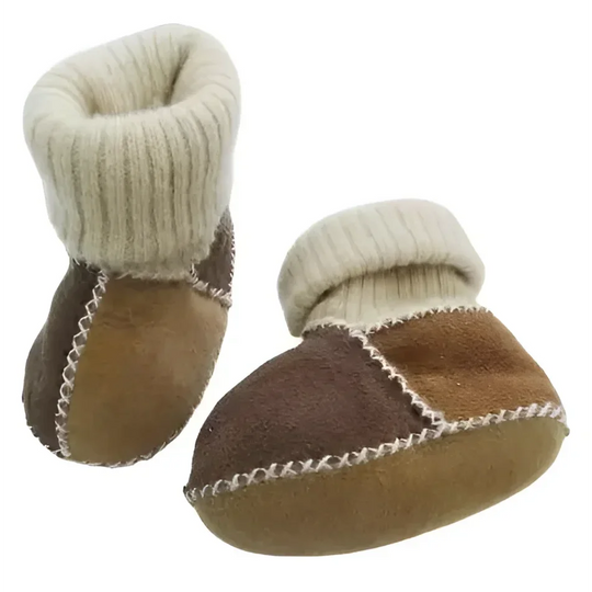 Fabulous sheepskin baby booties with brown and white patchwork, knit cuffs, faux fur lining, stretchy fabric
