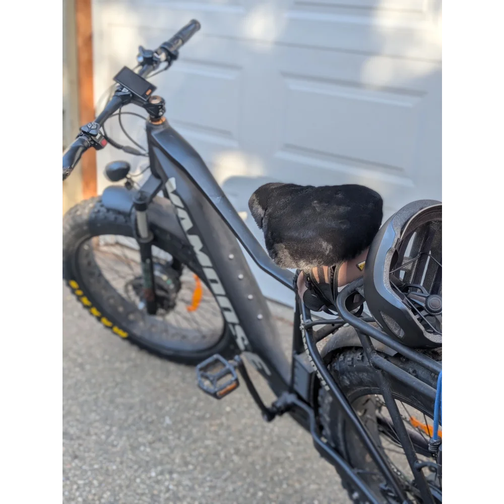 2019 Specialized Turbo Levo ebike with sheepskin bicycle seat cover