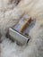 Silver sheepskin brush with wooden handle and metal grid