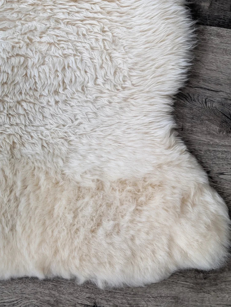 Soft fluffy cream sheepskin rug with Eucalan wash care pack