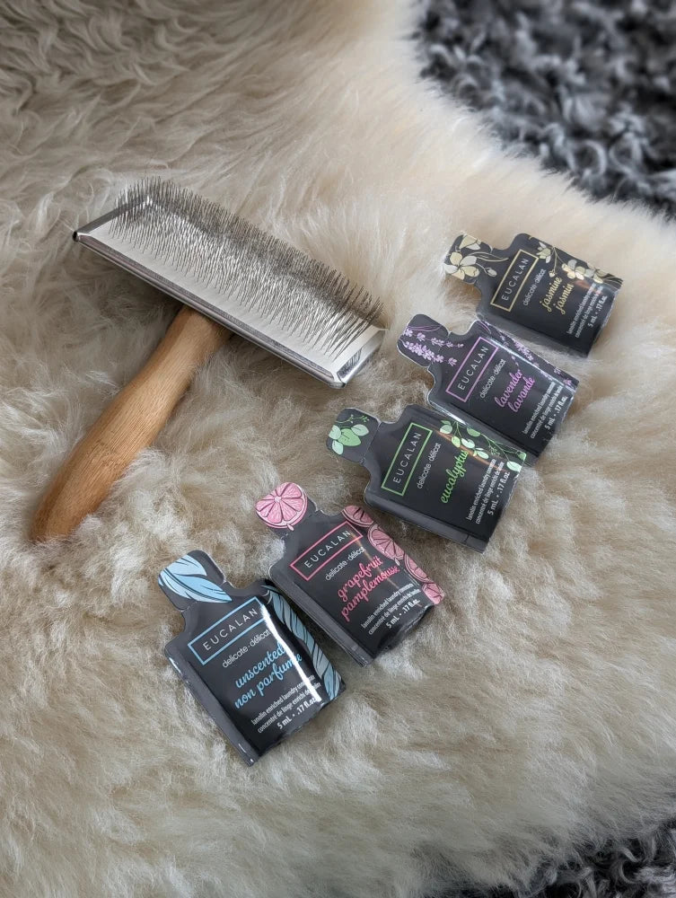 Wooden-handled grooming brush in Sheepskin Care Pack with silver bristles