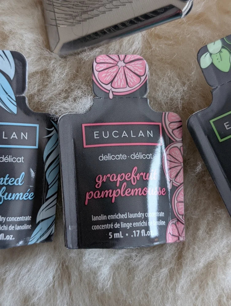 Grapefruit-scented Eucalan wash in 5ml Sheepskin Care Pack