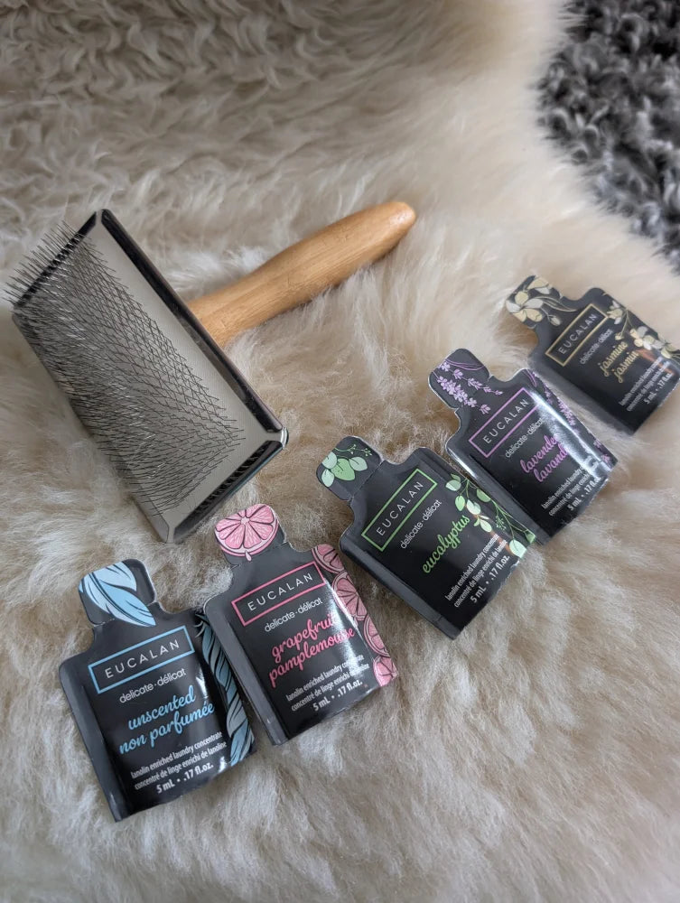 Black and silver Eucalan wash sheepskin care pack with floral design and 5 dye bottles