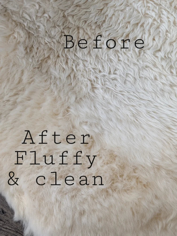 Fluffy white faux fur throw with sheepskin care pack and Eucalan wash