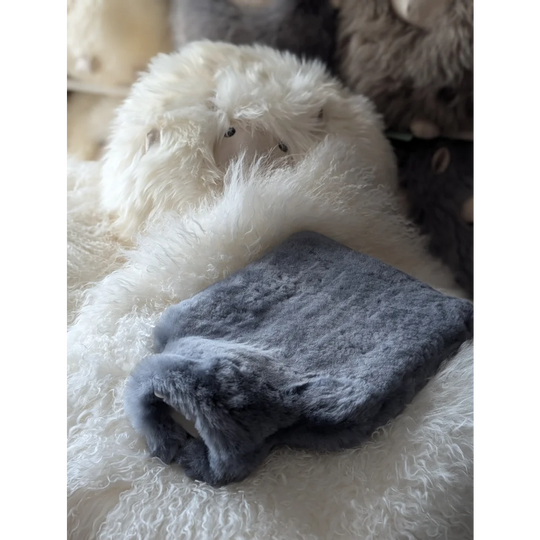 Soft plush gray sheepskin hot water bottle cover for chilly nights